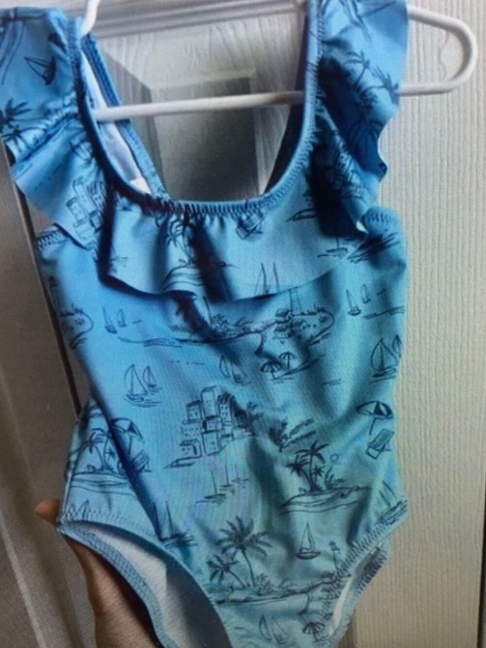 Girls Light Blue Ruffle One-Piece Swimsuit with Nautical Print
